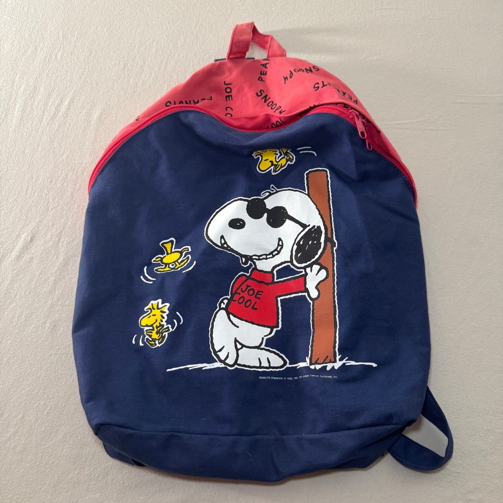 Peanuts Joe Cool Snoopy Backpack Kids Blue Red Excellent Vintage Canvas Bag